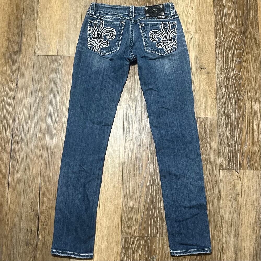 Miss Me Skinny Jeans Fleur De Lis Rhinestone Y2K Women 27x31 Bling Cowgirl Biker